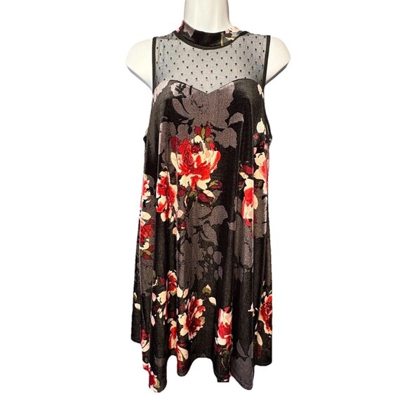 Soulmates Crushed Velvet Floral Mini Dress Size Large Black Red Lace Gothic - Picture 2 of 6
